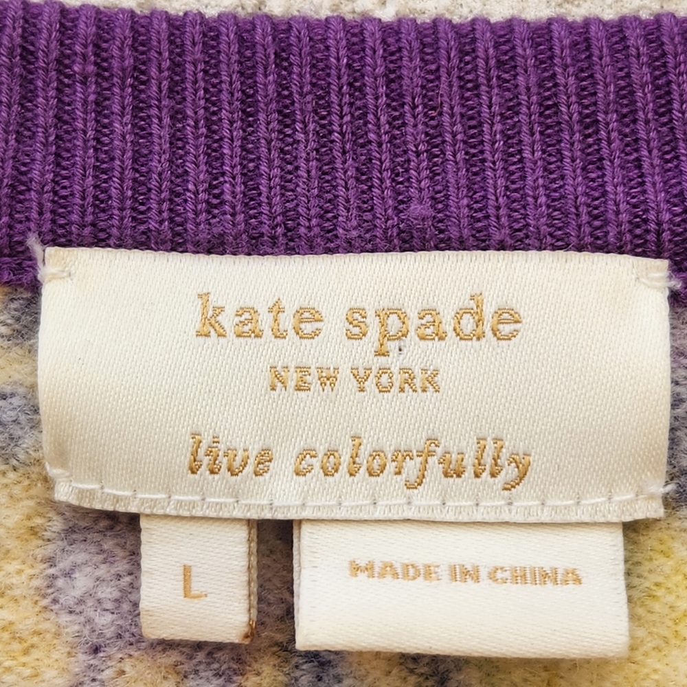 KATE SPADE Women's Cardigan Large Purple Yellow Paisley Wool Silk Blend Sweater - Picture 4 of 10